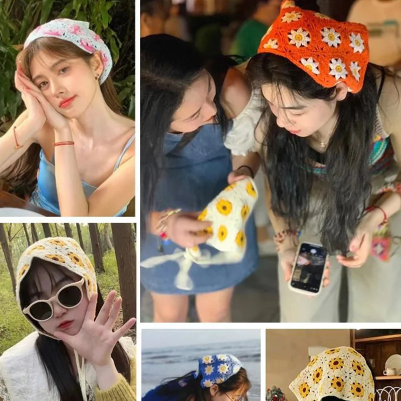 Coreano dulce lindo hecho a mano Crochet hueco triángulo diadema toalla mujeres primavera y verano viaje foto literaria bufanda para el cabello
