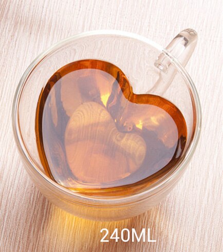 Hjerte kærlighed formet dobbelt væg briller krus resistent kungfu te krus mælk citronsaft kop drinkware elsker kaffe kopper krus: 240ml