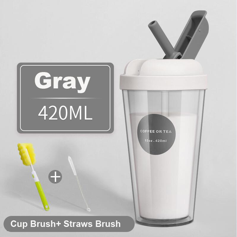 Ins 420ml dubbla lager återanvändbar kaffekopp mjölk te smoothie halmkoppar utomhus dricksflaska resemugg med borste: Grå