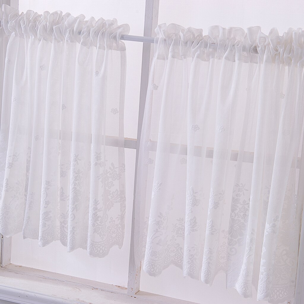 1 Panel Floral Embroidered Short Curtain Window Tiers Sheer Voile for Cafe