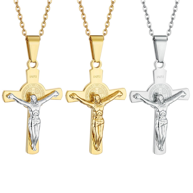 Vintage croix INRI jésus croix Crucifix pendentif et colliers hommes Christian lien chaîne bijoux de or argent couleur collier
