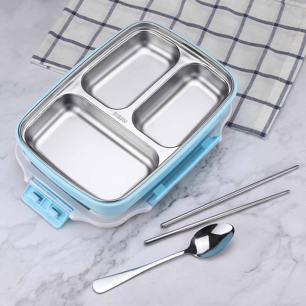 Japansk matlåda med fack 304 rostfri bento-låda för barn skolmatsbehållare läckagesäker matlåda värmearbete: Blå 3 rutnät