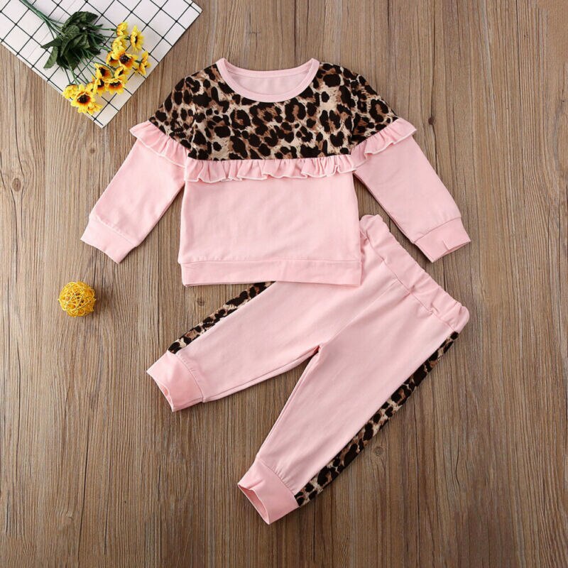 1-6Y Kids Baby Girl Autumn Clothes Sets Long Sleeve Leopard Print Pullover Ruffle Tops Leggings Pants Outfit Set