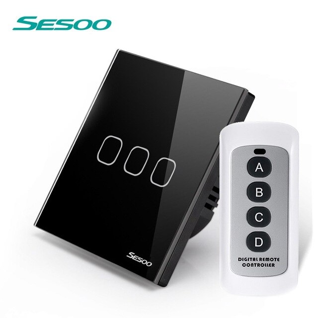 SESOO – interrupteur mural tactile sans fil avec télécommande, 3 boutons, 1 voie, panneau en verre cristal, norme ue, LIVOLO: black Remote Switch