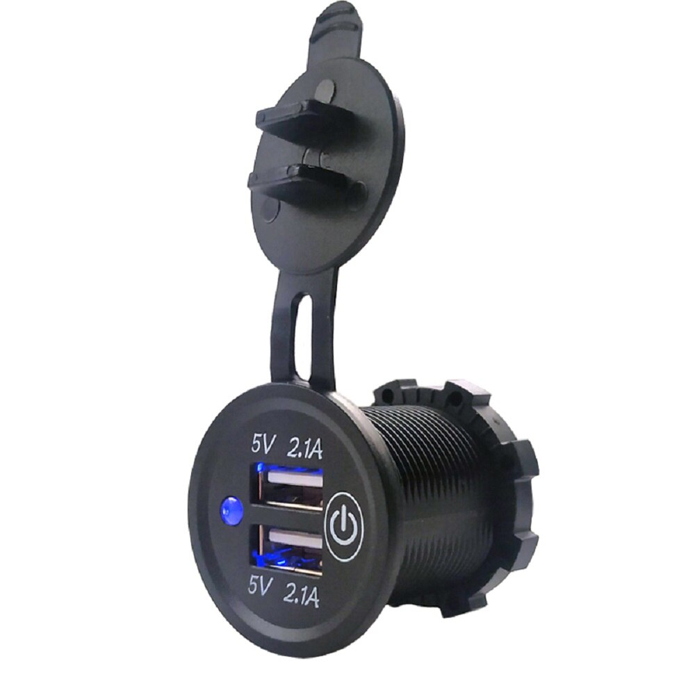 12v-24v auto dubbele usb-lader voor motorfiets atv auto vrachtwagen boot blauwe led-lamp socket mount lader stroomadapter stekker 5v 2.1a