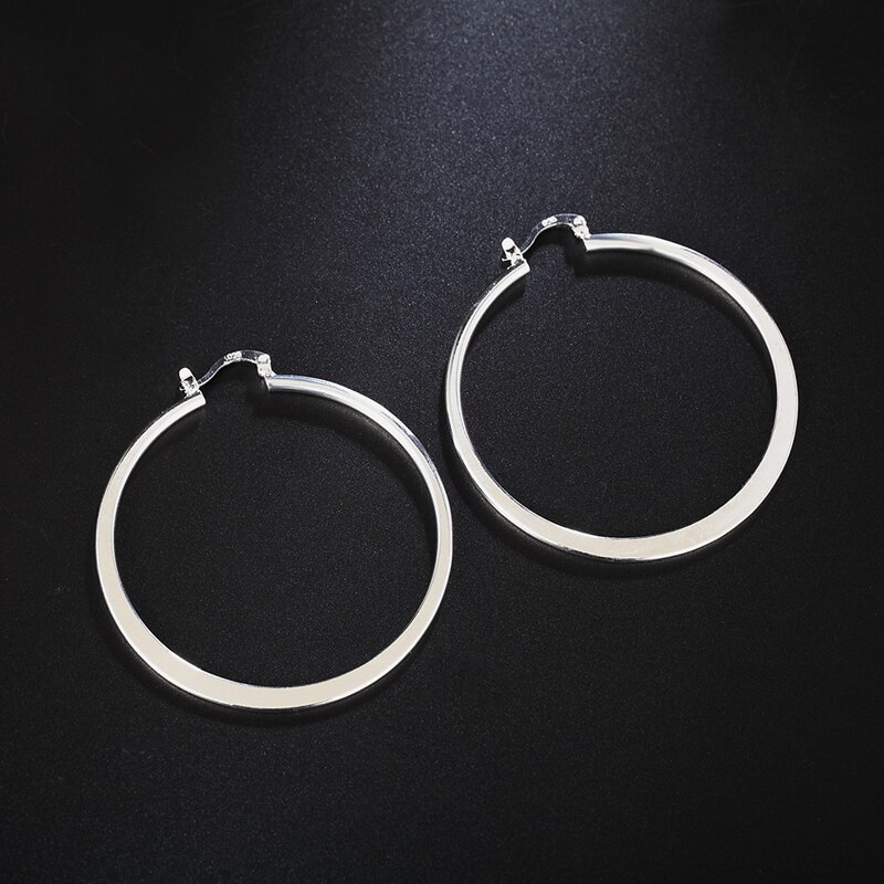 925 Zilveren 55 Mm Platte Dunne Ronde Big Hoop Oorbellen Voor Vrouwen Bruiloft Sieraden Accessoire