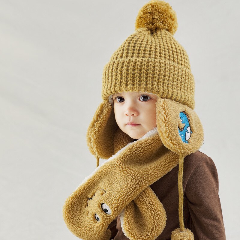 Set van 2 winterse babymutsen, sjaals en mutsen met pompons voor kinderen, voor meisjes en jongens, met fleecevoering en mutsen voor kinderen.: Geel