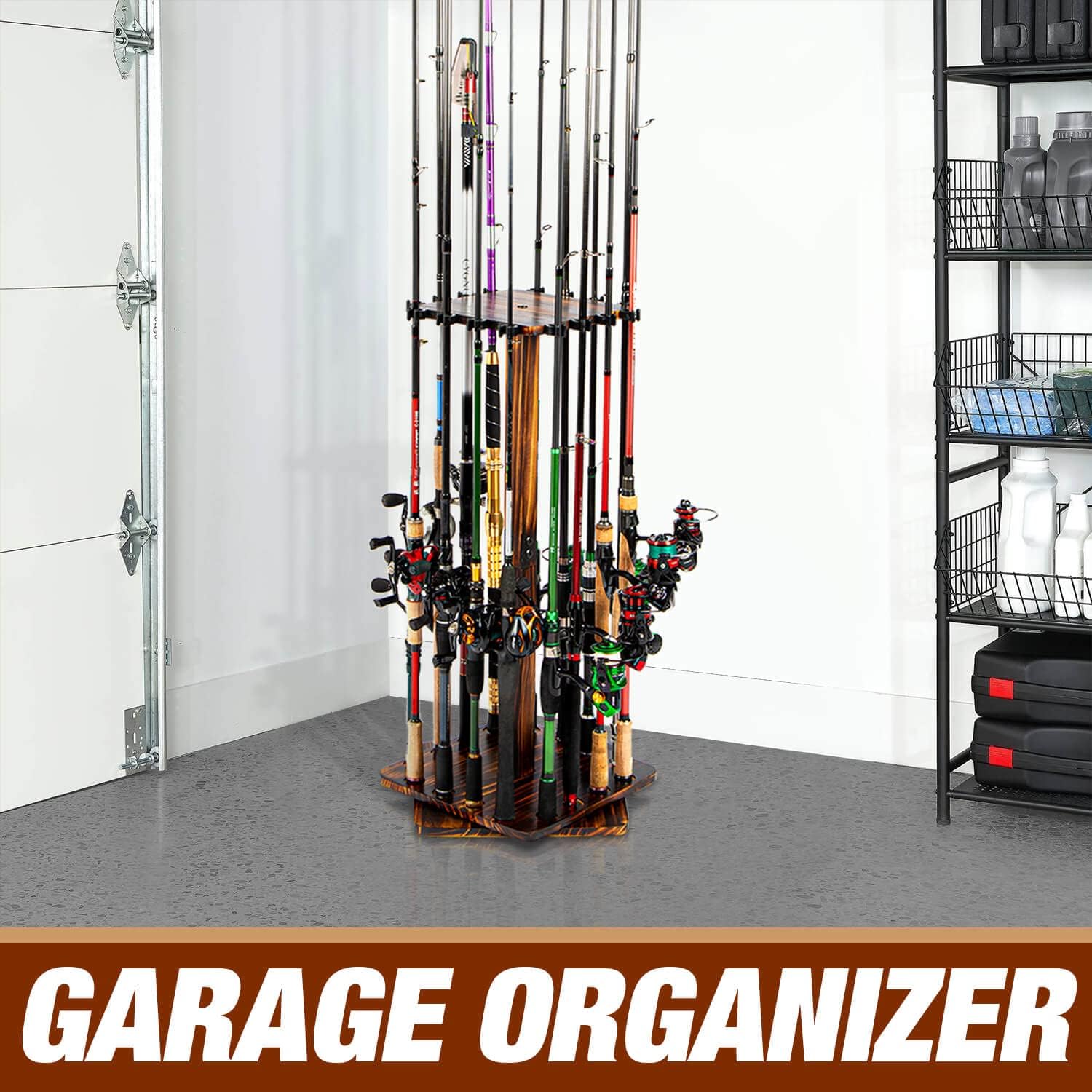 Fishing Rod Holders for Garage 360 Degree Rotating Fishing Pole Rack, Floor Stand Holds up to 16 Rods