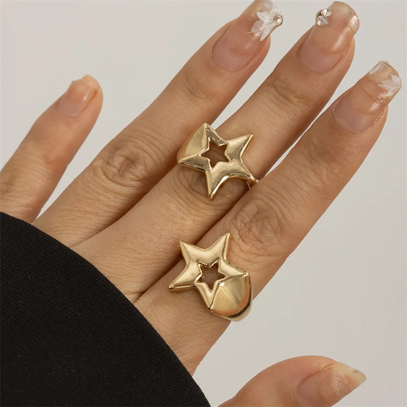 2 unids/set de anillos huecos para mujeres y hombres, Punk, estrella de cinco puntas, geométrico, Color dorado y plateado, conjuntos de anillos de joyería para nudillos: Verde