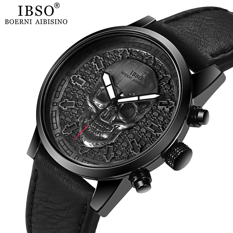 Ibso herenhorloges met schedel, quartzhorloges in punkstijl voor heren, hiphop sporthorloge, waterdicht, urenteller