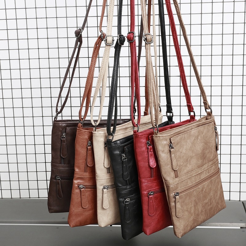 Väskor för kvinnor vintage messenger bag dubbel dragkedja pu läder handväska cross body väska casual axelväskor kvinnlig bolsa
