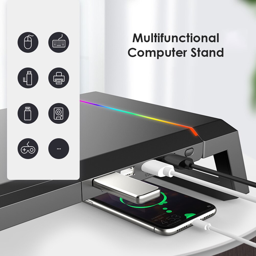 Laptop-monitorständer mit rgb-beleuchtung, verstellbarer desktop-monitorständer mit 4 usb-anschlüssen , 3.0 schreibtisch-organizer