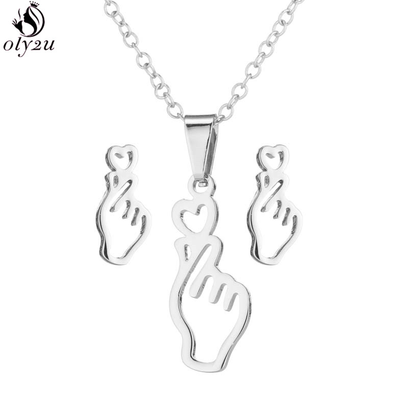 Koreaanse Mode Vinger Hart Ketting Oorbellen Toon Uw Liefde Rvs Stud Oorbellen Voor Vrouwen Sieraden Sets Accessoires