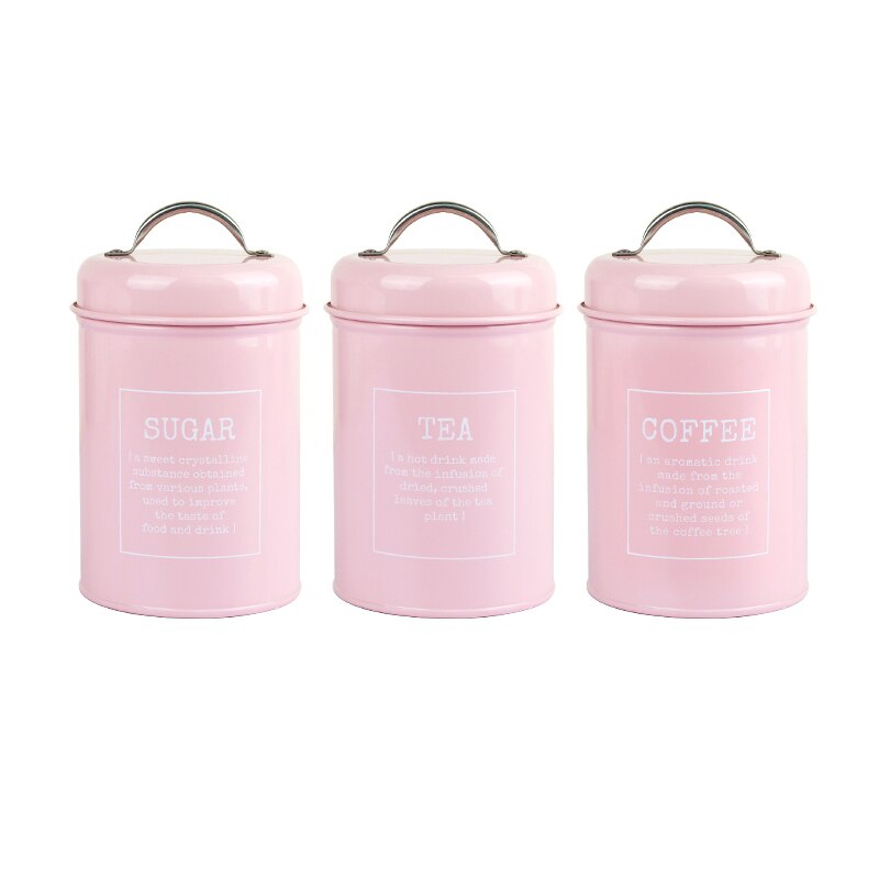 3 in 1 Set Metal Seal Box Tea Coffee Sugar Storage Jar Kitchen Sealing Container Home Candy Cereal Milk Powder Organizer Jar: 3 in 1 set Pink