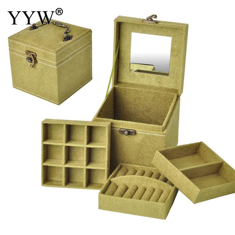 12x12x12cm Vintage Velvet Three-Tier Jewelry Box Multideck Storage Cases with Wood Mirror Wedding Birthday