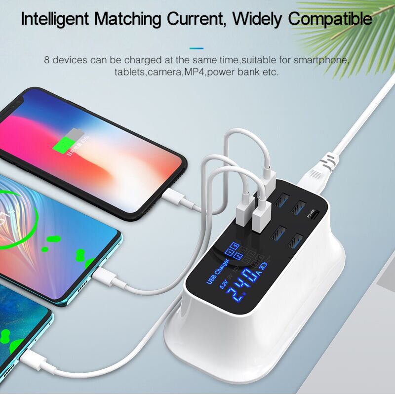 Goojodoq carregador pd 40w 8 entradas, carregador usb inteligente, display led, carregamento rápido usb para apple, iphone, adaptador, ipad xiaomi samsung