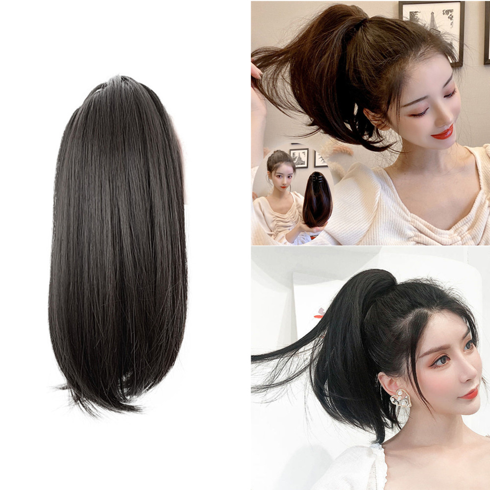 Pelucas sintéticas con Clip de cola de caballo recta corta de 38cm para mujeres extensiones de cabello de cola de caballo falsas ligeramente deformadas y esponjosas naturales