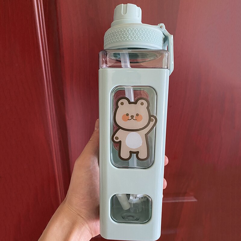Kawaii Bär Pastell Wasser Flasche Mit 3D Aufkleber 700ml/900ml Kunststoff Reise Tee Saft Milch Tragbare Nette Shaker Trinken Flasche: Grün 1 / 900ml