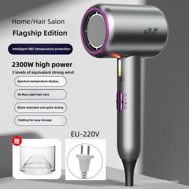 Mini secador de pelo de luz azul de alta velocidad para viajes/hogar/dormitorio con alta energía eólica y enchufe plegable de EE. UU., UE, fabricante de fuentes: Gris oscuro