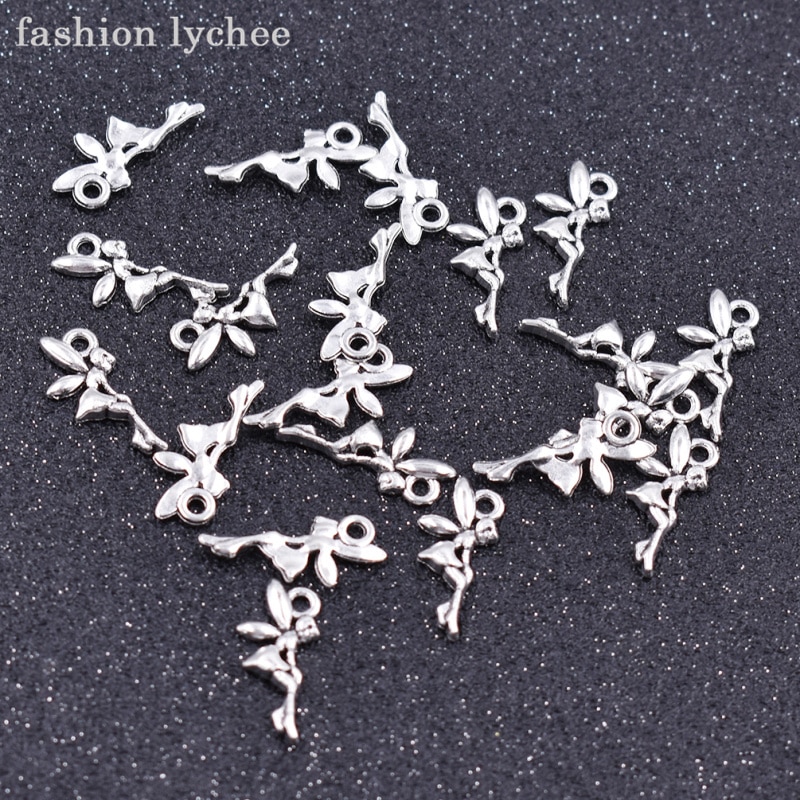 lychee 60 stks Tiny Fee Engelenvleugels Charms Antiek Zilver Sprookje Hangers Voor DIY Sieraden Maken Accessoires