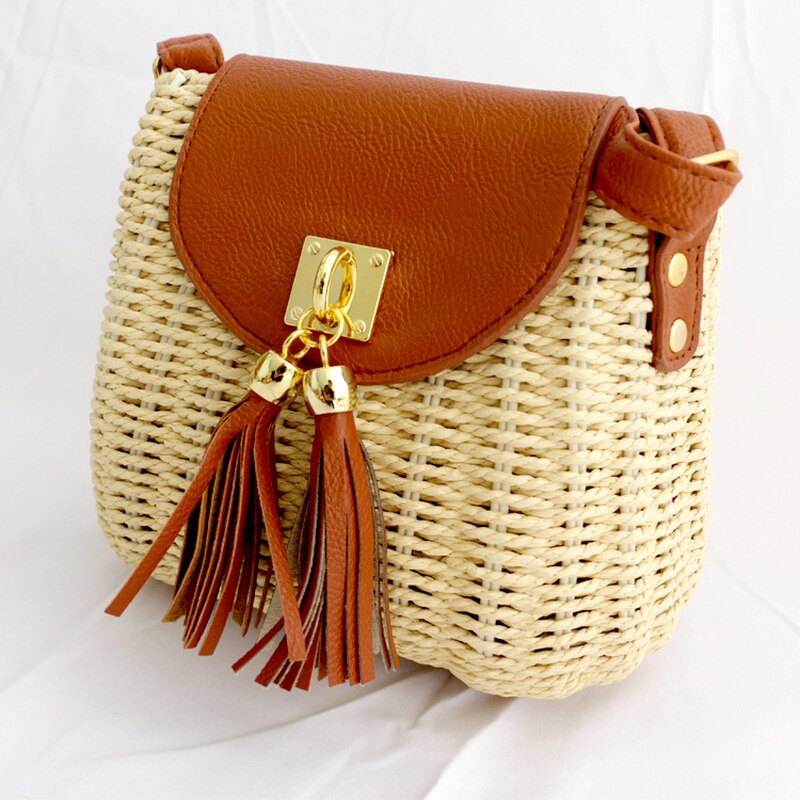 Bolso de playa de paja tejido, duradero para mujer, con borla, correa de cuero, bolso tejido hecho a mano, bolso de concha, bandolera para mujer
