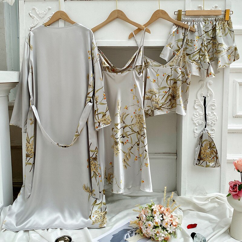 Vrouw Nachtkleding Sets Voorjaar Pyjama Grijs Shorts Slaap Tops Sexy Nachtkleding Jurk Print Gezellige 4 Stuk Pyjama Chinese Stijl robe Set