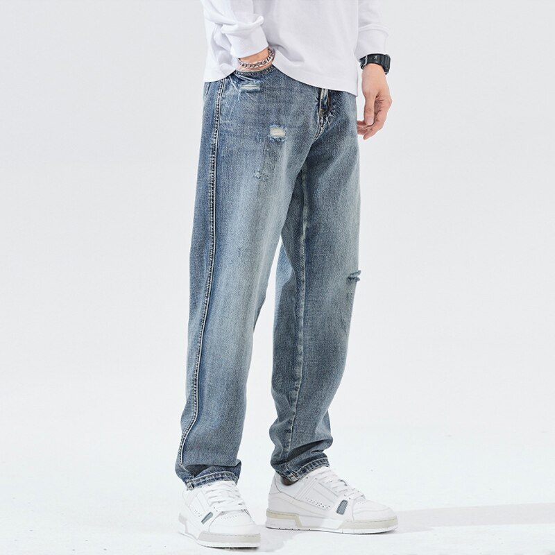Pantalones vaqueros rasgados para hombre, Jeans holgados de pierna ancha, ropa de calle, Retro, azul, de