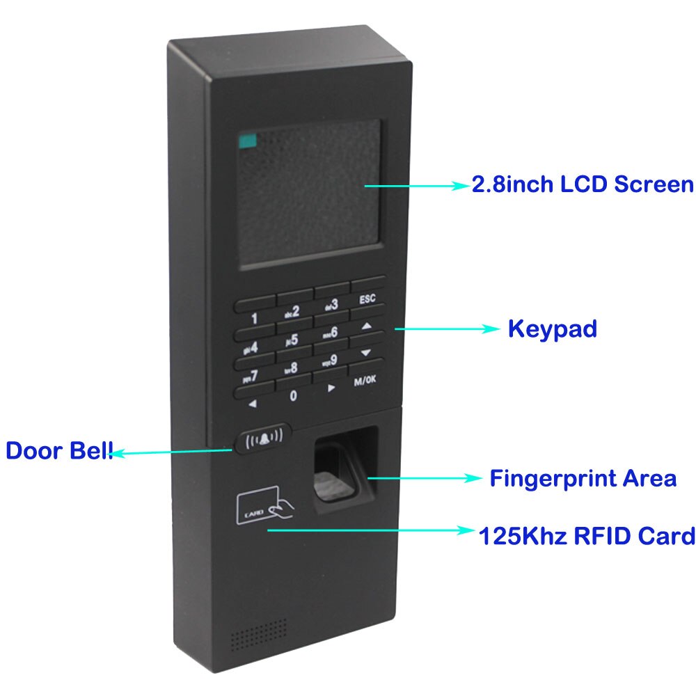 2.8inch 3000User 125Khz RFID Biometric Fingerprint Time Clock Access Control Keypad Electronic USB TCP/IP RS485 Time Attendance
