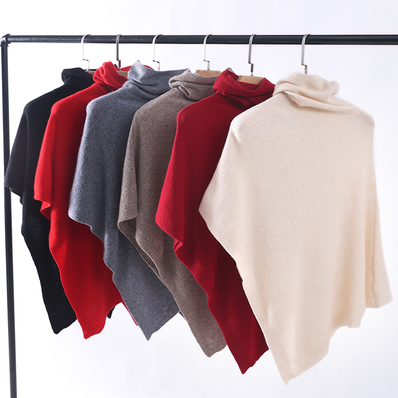 100% Merino Wool Knitted Shawl Cape Knitted Soft Warm Wollen Irregular Cloak Batwing Sleeve Loose Turtleneck Pullover Pashmina