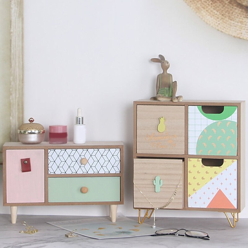 Wooden Drawer Storage Box Desktop Dividers Organizer Cute Cactus Pattern Makeup Cosmetic Container Jewelry Shelf Cabinet