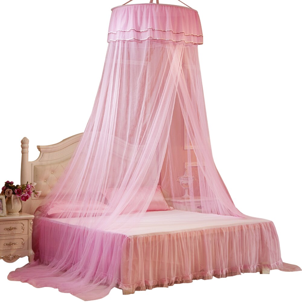 Sengehimmel hængt myggesikkert net rund top prinsesse seng telt gardin foldbar baldakin på sengen fe blonde dossels: B2