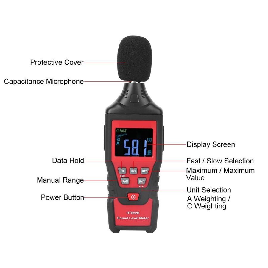 HT622B LCD Display Handheld Sound Level Meter Noise Decibel Tester Testing Tool Instrument Noise Level Meter