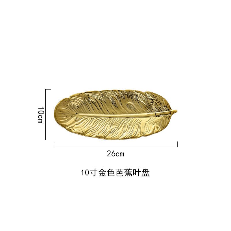 Guld fjer form keramiske smykker tallerken fad porcelæn slik nipsgenstykke mad frugt servering bakke ring opbevaringsplade hjem dekorative: Guld 10 inches