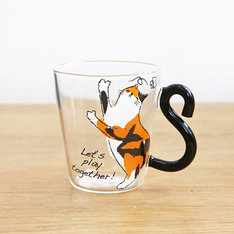 250ML Cute Cat Glass Juice Coffee Cup Milk Tea Coffee Glass Mug Cat Tail Handle Cat Valentine's Day Lover Stainless Spoon: Orange