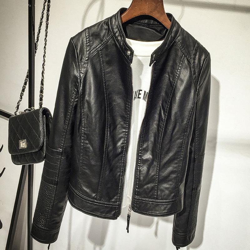 Chaqueta de cuero de talla grande para mujer, abrigo de bolsillo de manga larga con cremallera para primavera y otoño, cazadora de motorista a la: M