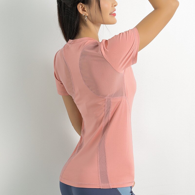 Mesh stitching sports T-shirt ladies summer slim crew neck short sleeve yoga quick drying breathable fitness running jacket