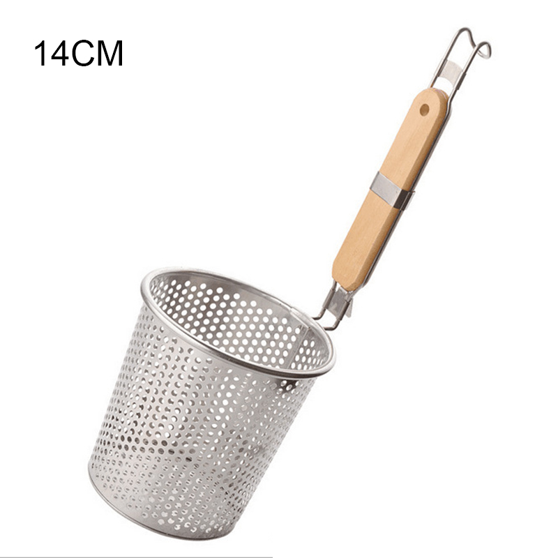 Roestvrij Staal Noodle Lepel Mesh Pasta Mand Met Houten Non Slip Handvat &amp; Staart Opknoping Haak Lichtgewicht Duurzaam Koken Gereedschap: 14cm x1