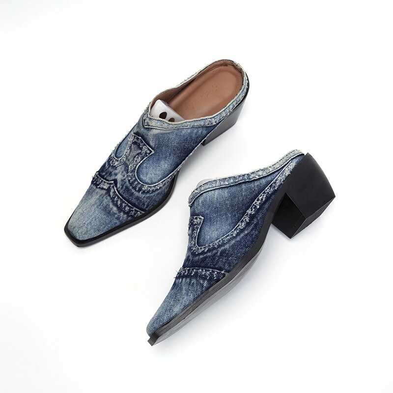 LazySeal-Zapatillas de tela vaquera con tacón cuadrado para mujer, zapatos informales, puntiagudas, sin cordones, para otoño