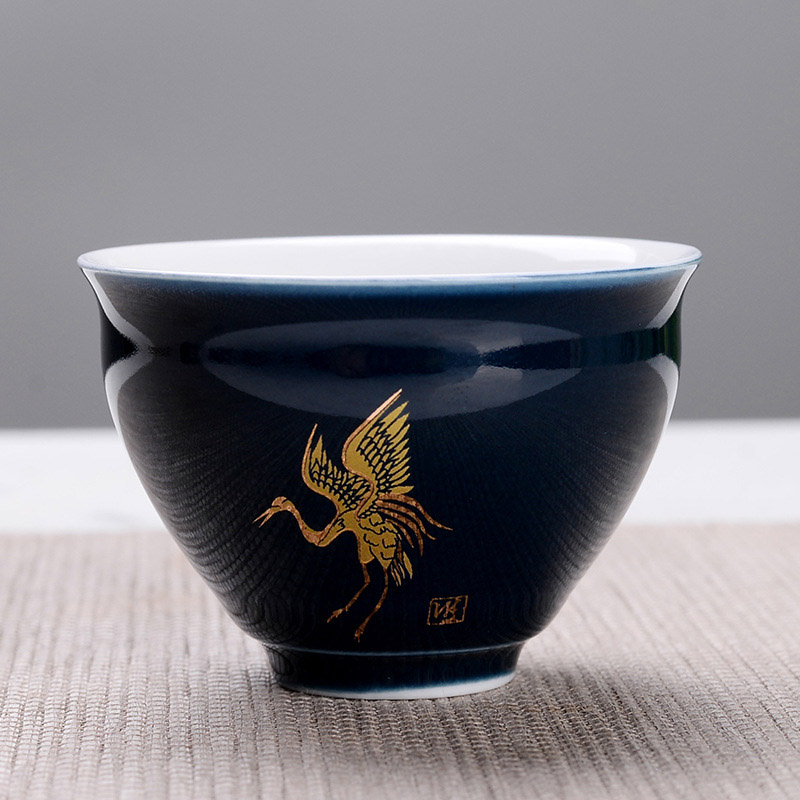 Indigo glasyr keramisk tekopp, målad gyllene kranmönster resor teskål kinesisk porslin tekopp set kung fu tekopp 75ml