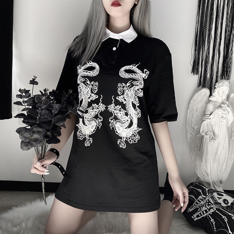 Goth Dragon foncé imprimé Vintage gothique femme t-rétrécissement printemps Egirl Grunge Punk Emo Y2K esthétique Harajuku t-shirt femmes Chic