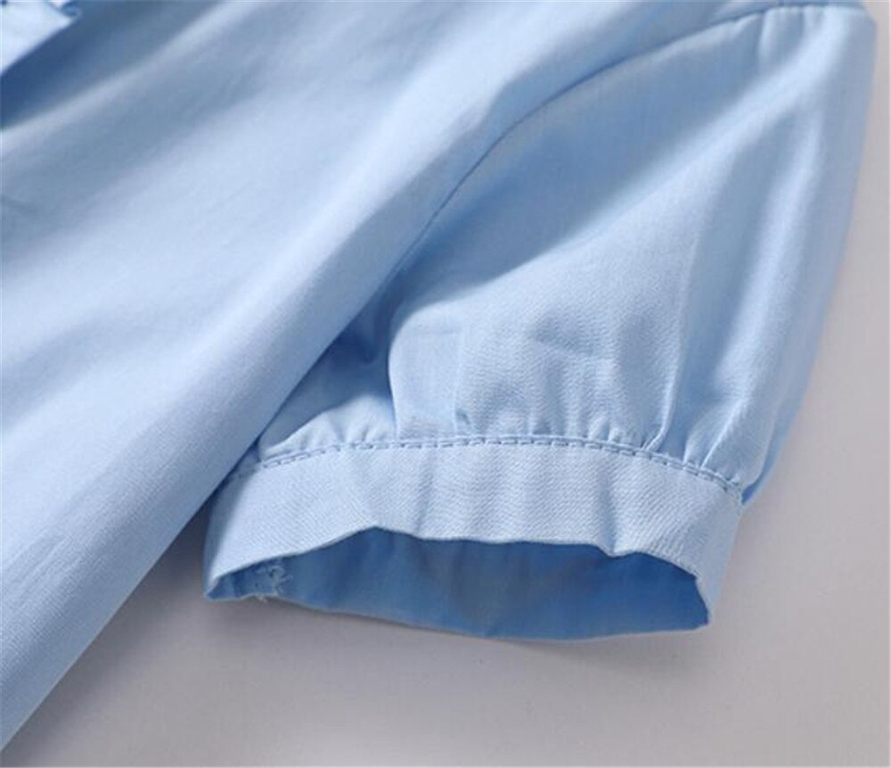 Summer Kids Blue Shirts for Girls School Uniform White Blouses Short Sleeve Preppy Cotton Children Clothing Vestidos 6 8 10 14 Y