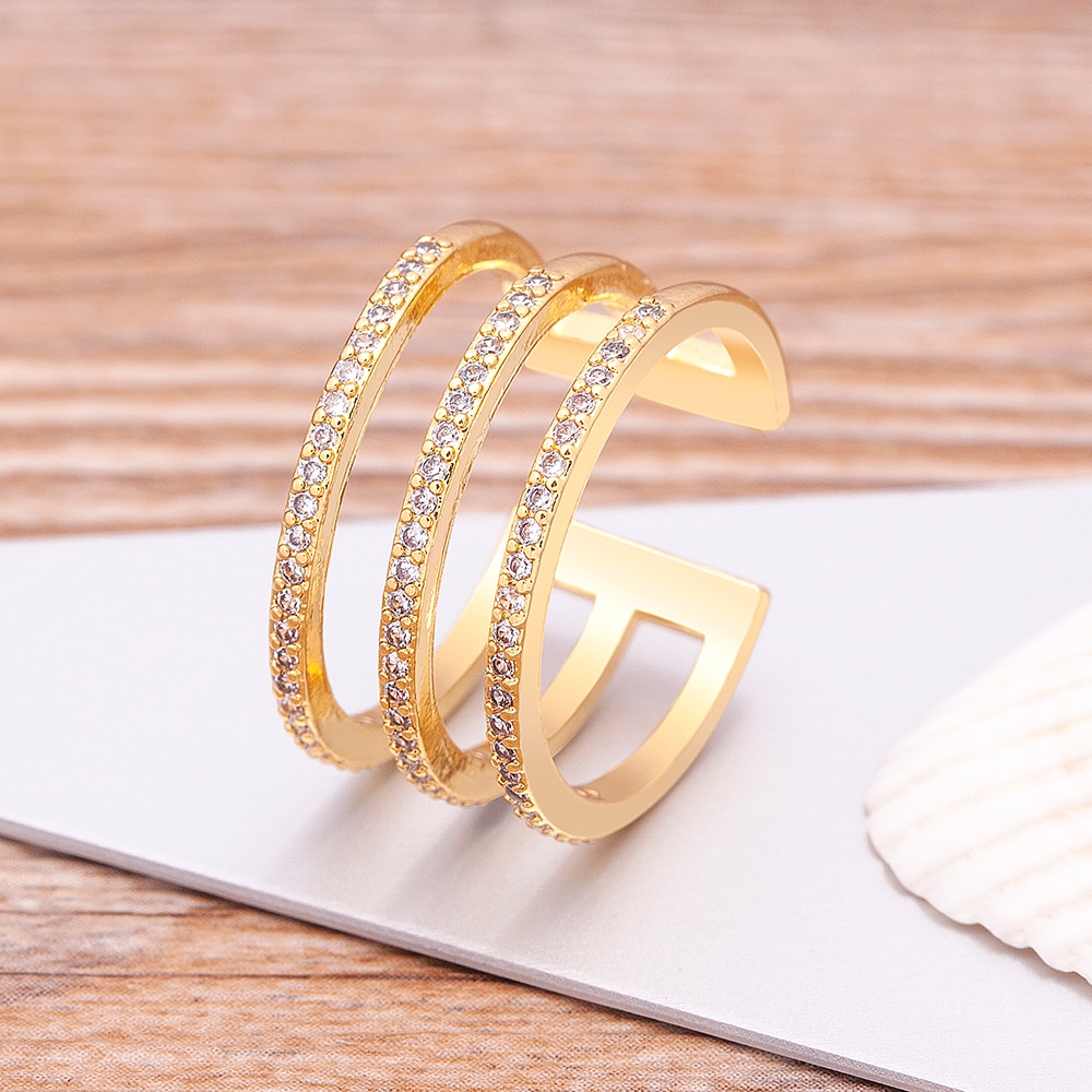 Luxe Drie Lagen Koperen Zirkoon Goud Open Ringen Voor Vrouw Koreaanse Verstelbare Sieraden Party