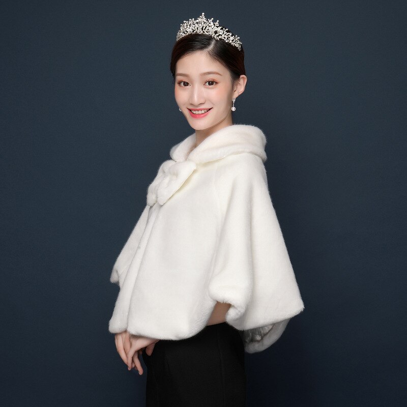 JaneVini Winter White Capes Bridal Faux Fur Wraps for Wedding Big Bow Women Warm Bolero Shawls Evening Cloak Brides Accessories