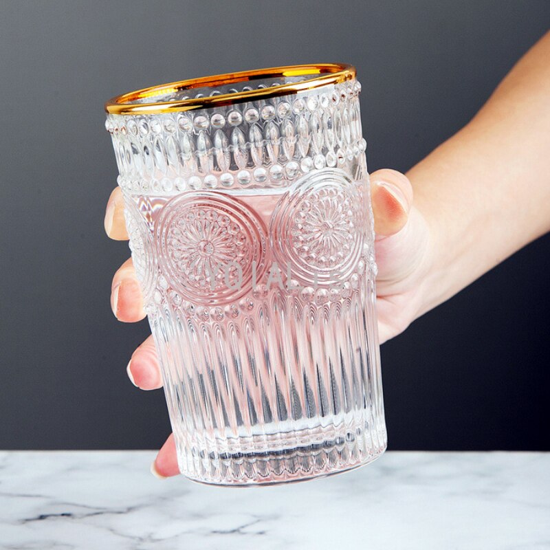 Verre à vin Vintage gaufré Ins nordique 260-380ml, whisky, Vodka, tasse de soleil, sans tige, bouche dorée, glace, Bar à café, verres