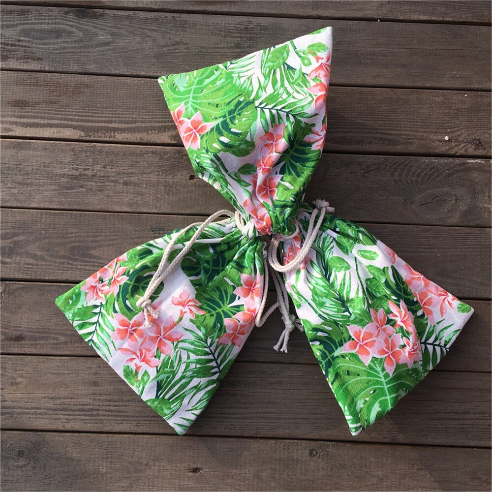 Yile 1pc katoenen linnen trekkoord tas feesttas print groen blad roze bloem  yl812b