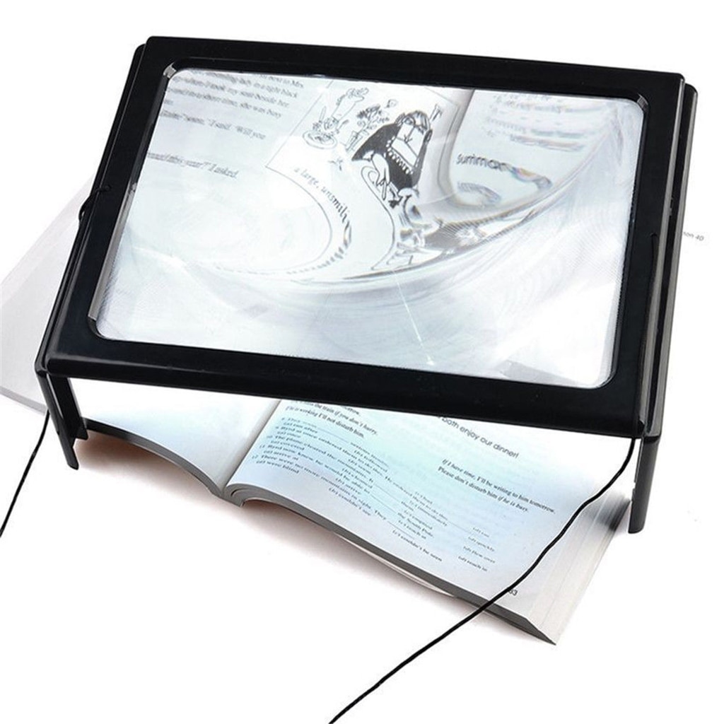 Helsides forstørrelsesglas med 4 led-lys og foldbare ben  - 3x linse - stor rektangulær lup til skrivebordslæsning