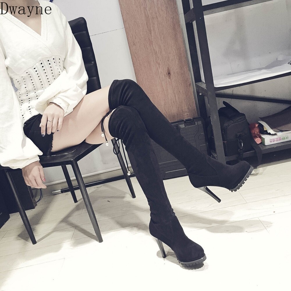 Lange laarzen dunne hakken parel plateau veter sexy pijplaarzen plus fluwelen overknee hoge laarzen dameslaarzen hoge hakken