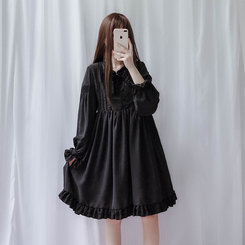 Lolita klänning söt söt puffärm japansk kawaii flickor prinsessa hembiträde vintage lös kvinnor op dress rosett rund krage