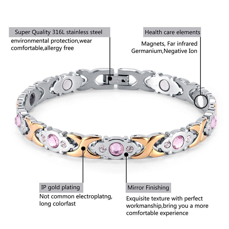 TF-235 Women Bracelet Stainless Steel Crystal Gem Germanium Bracelets Health Energy Popular Charm Jewelry for Lady