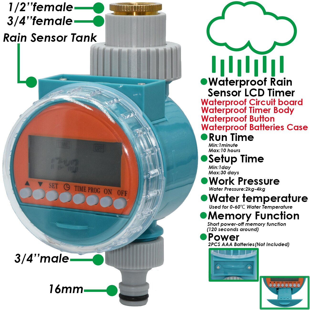 1pcs Watering Timer Rain Sensor Solar LCD Double Dial Ball Valve Controller Garden DripIrrigation 1/2 3/4'' Tap Adapter Solenoid: Waterproof-Rain-A